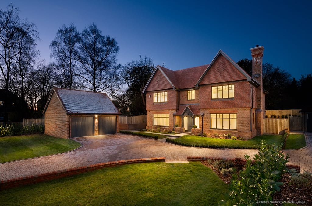 Twilight architecture exterior photography of luxury property in Surrey