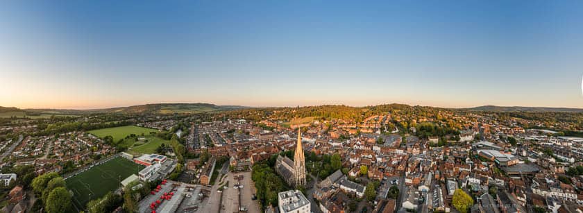 Panoramic Drone view of Dorking Town Centre during sunset